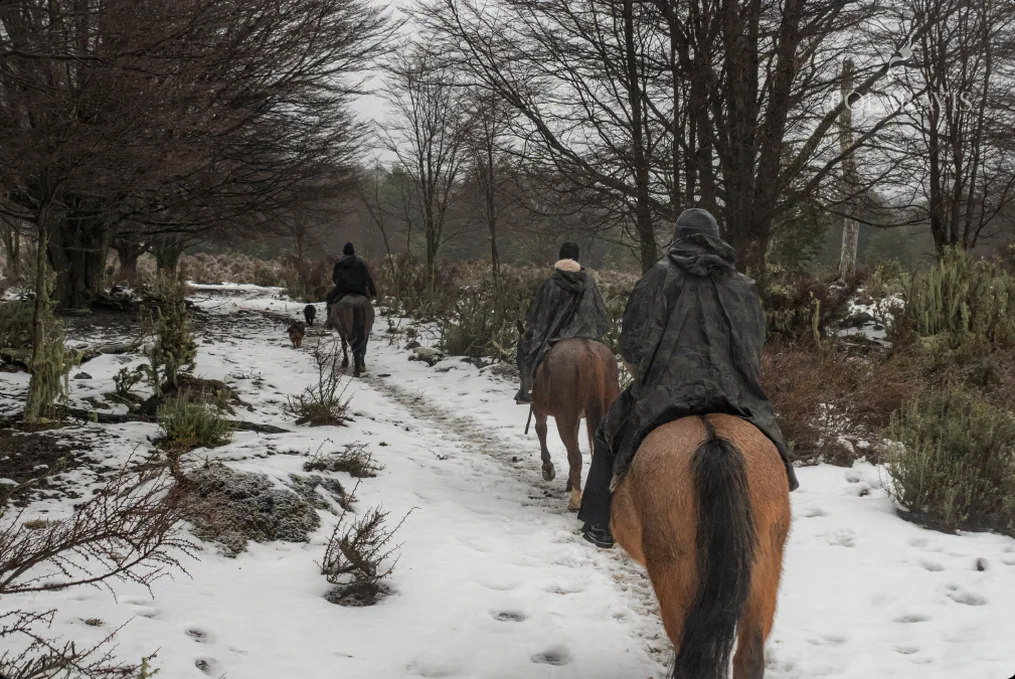 Cabalgata por un sendero nevado rumbo a la costa del Lago Escondido